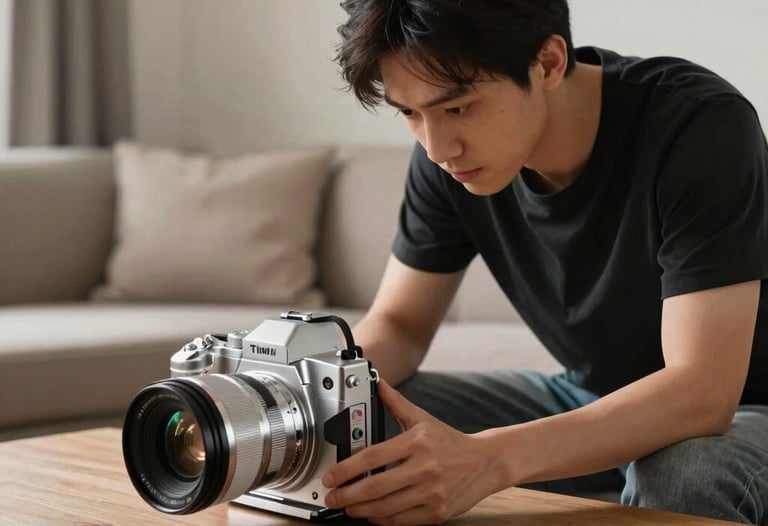 Tim fotografer sedang menata pencahayaan untuk memotret lemari hias aluminium di sebuah ruang tamu dengan pencahayaan dramatis.