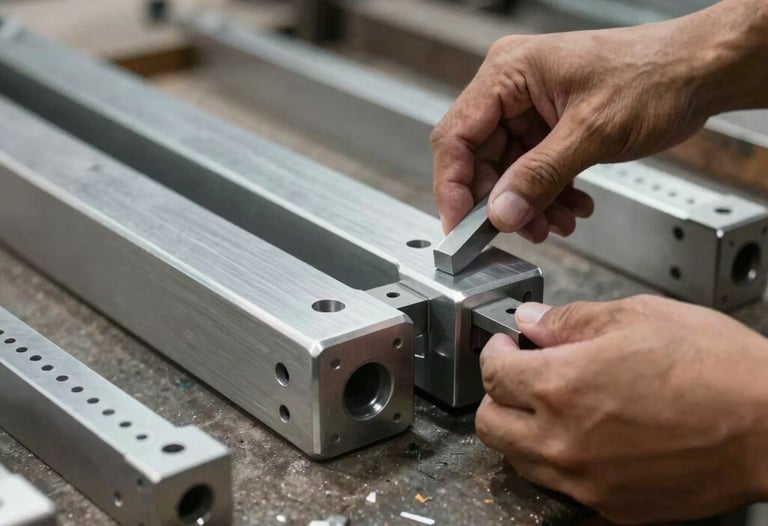 Seorang pengrajin sedang menunjukkan contoh hasil sambungan sudut aluminium yang sangat rapi kepada pelanggan di ruang pamer.