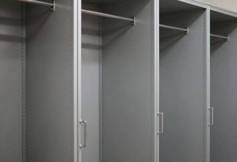 Foto profil lemari pakaian aluminium setinggi langit-langit yang terintegrasi dengan dinding, memberikan tampilan bersih dan rapi.