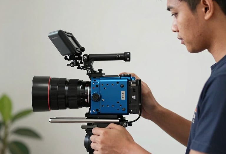 Seorang spesialis konten Asia Tenggara sedang merekam video sinematik menggunakan kamera profesional, menyoroti detail sambungan pada lemari aluminium matte biru di studio yang terang.