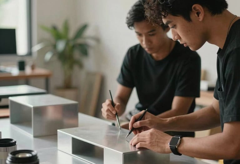 Foto proses tim kreatif sedang merancang tata letak konten Instagram untuk promosi furnitur aluminium di sebuah studio modern di Asia Tenggara.