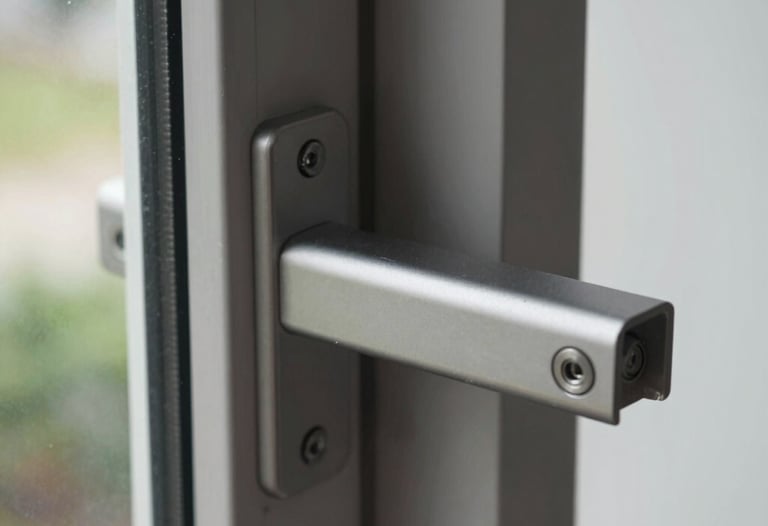 Tampilan close-up dari kusen jendela aluminium matte berkualitas tinggi dengan sistem penguncian modern di sebuah bangunan kontemporer Asia Tenggara.