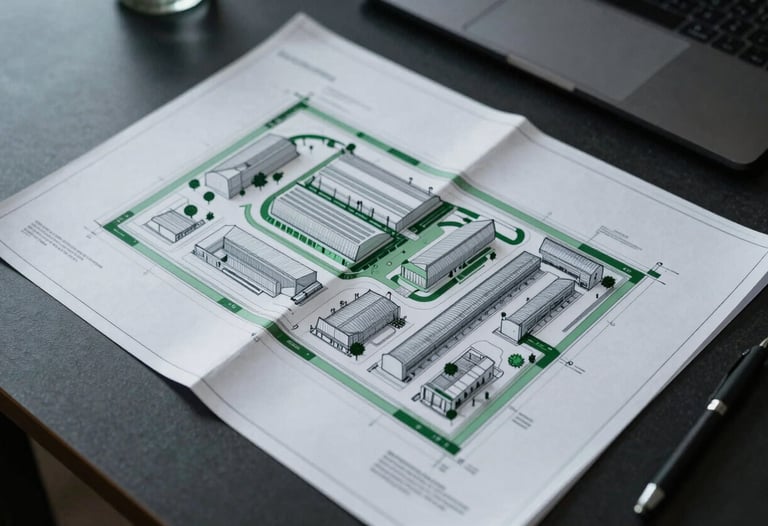Top-down view of a dark architectural blueprint for a sustainable factory layout, subtle deep green markers, minimalist dark desk background, professional setting.