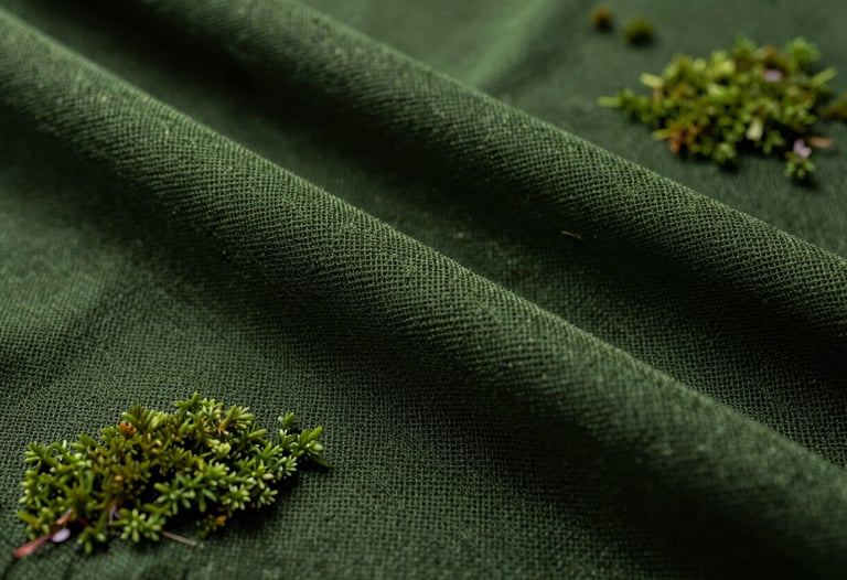 Extreme close-up of high-quality sustainable fabric or industrial mesh, dark moss green color, cinematic depth of field, sophisticated lighting.