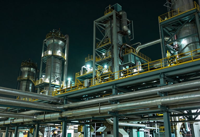Industrial night photography of a clean, modern steel mill, focusing on geometric patterns of pipes and structures, low key lighting with deep green hints.
