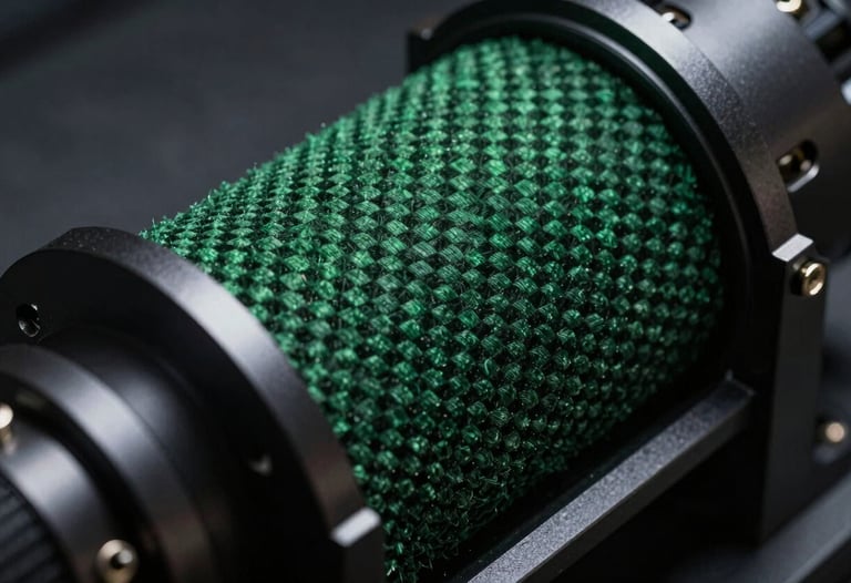 Macro shot of a high-tech carbon capture filter or similar environmental hardware, dark metallic finish with deep green accents, low lighting, powerful minimalist style.