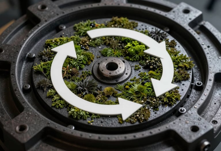 Conceptual detail of a circular economy process, focusing on the dark metallic texture of industrial machinery with subtle dark moss green reflections, professional and clean.