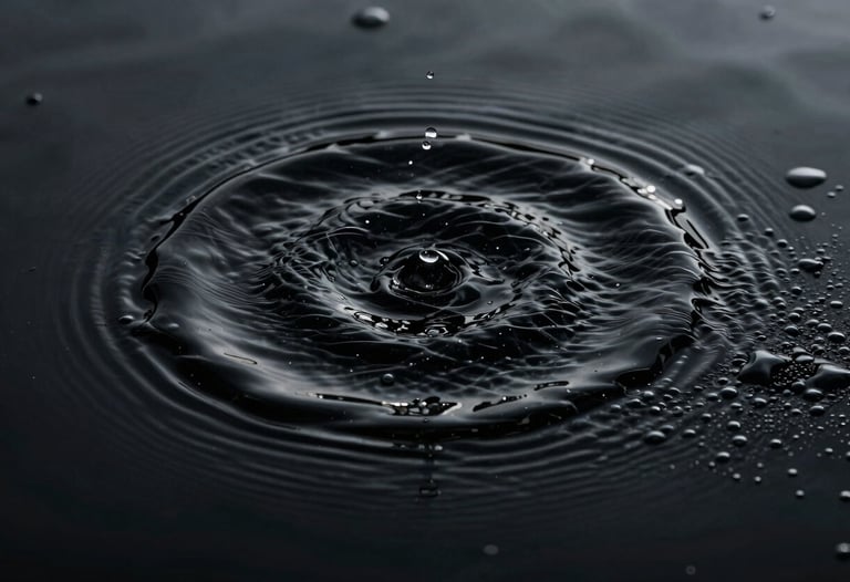 Dark abstract visualization of water ripples on a black surface, representing clean environmental management, sophisticated dark sustainability aesthetic.