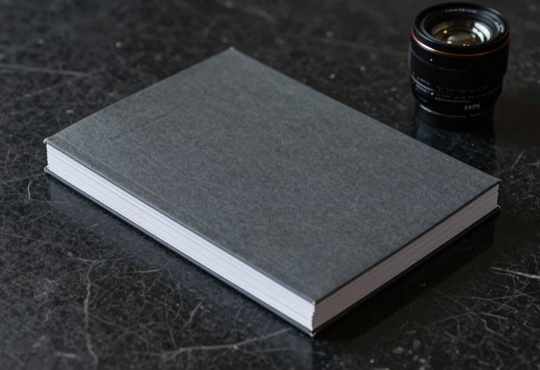 Minimalist composition showing a stack of high-end dark grey business reports on a black marble surface, professional consultant's workspace vibe.
