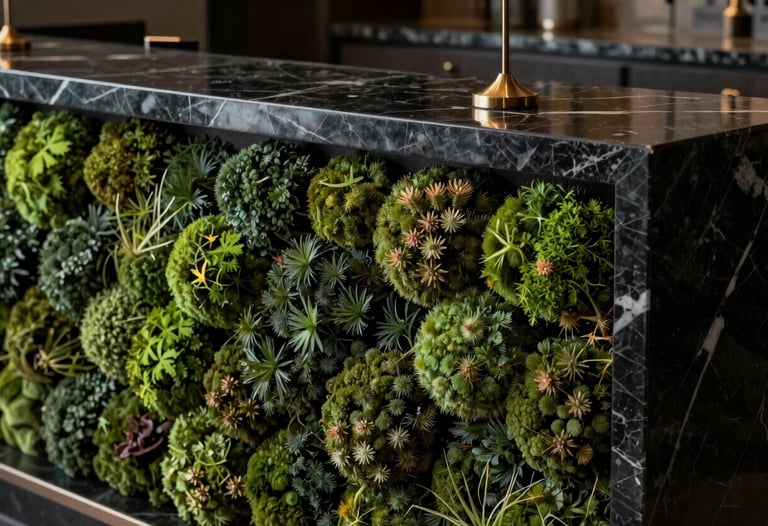 A close-up of a high-end luxury hotel's black marble reception desk with dark moss green accents, representing sustainable luxury tourism.
