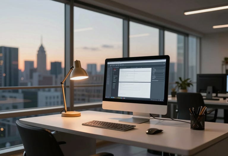 A digital-focused workspace at dusk with warm lamp lighting and a clean glass window overlooking a city skyline. Professional and clear aesthetic.