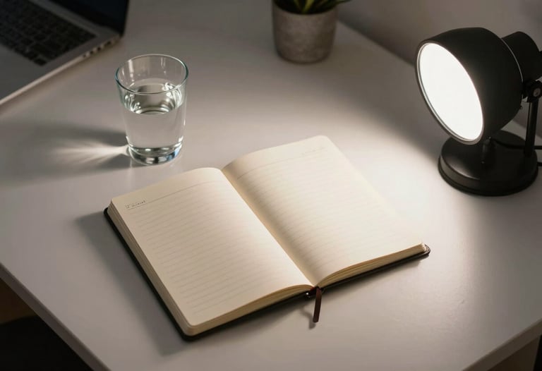 Overhead shot of a minimalist workspace with a notebook, a glass of water, and professional lighting in a modern Lima apartment office.