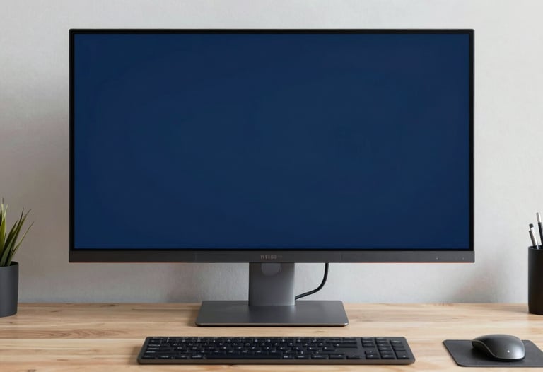 Clean composition of a modern workspace featuring a high-resolution screen with deep navy blue background colors, professional setting in South America.