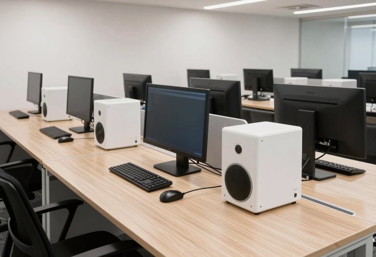 Wide shot of a modern data-driven workspace in Bogotá, featuring clean wooden desks and professional equipment. High-end aesthetic with pearl white tones.
