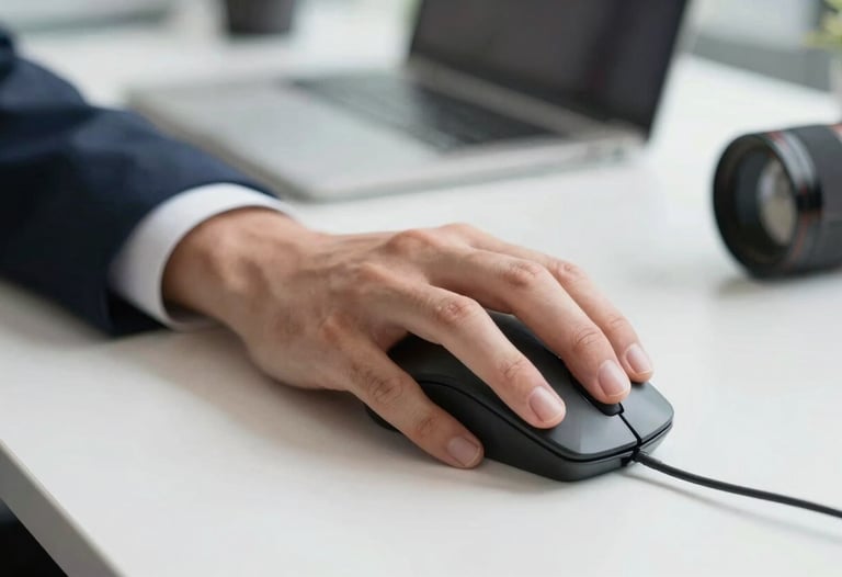 Focus on a professional person's hand using a high-precision mouse, clean white desk surface, bright natural light in a Santiago office.