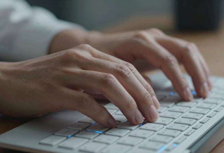 Close-up of hands typing on a modern keyboard with soft blue light reflection, representing data entry and analysis in a professional setting.