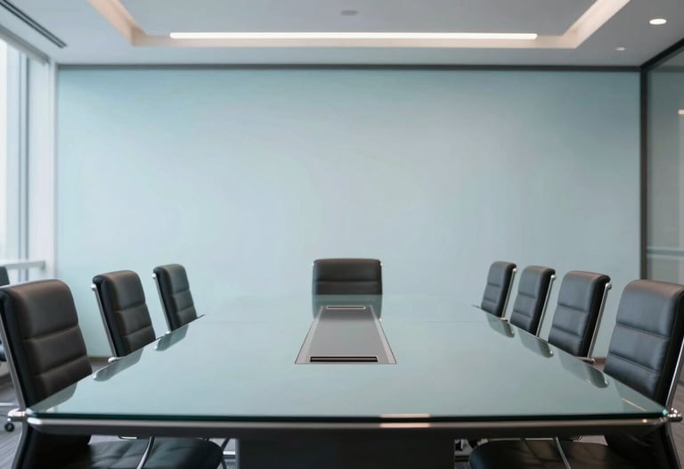 A high-end professional meeting room in Buenos Aires with clean lines, glass table, and soft sky blue accents in the decor. Professional atmosphere.