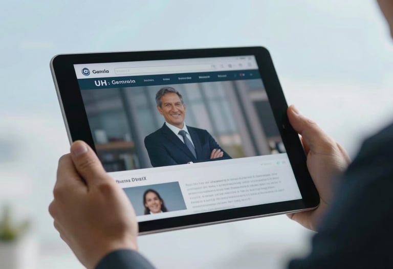 Close-up of a tablet held by professional hands in a South American business setting, displaying a blurred professional interface. Soft sky blue lighting.