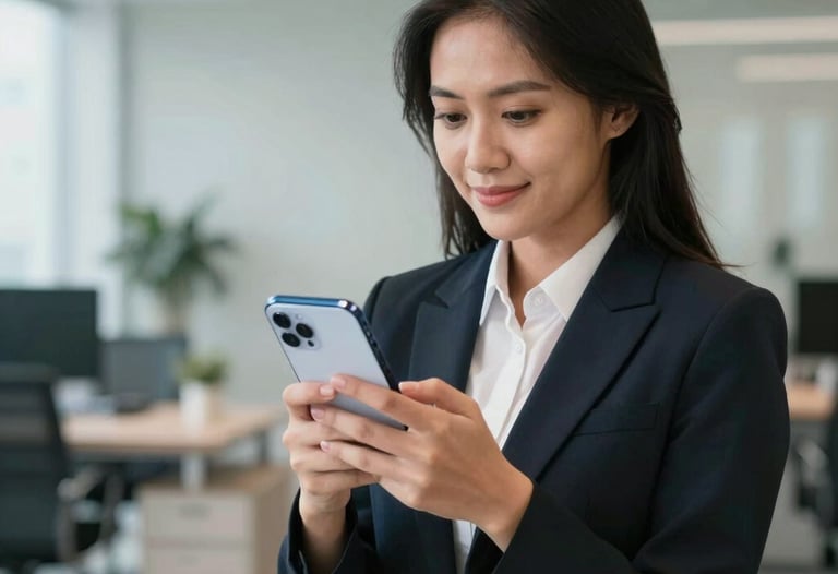 Clean, sharp photography of an Indonesian professional woman using a smartphone with a clean white and blue interface. Background shows a blurred modern office.