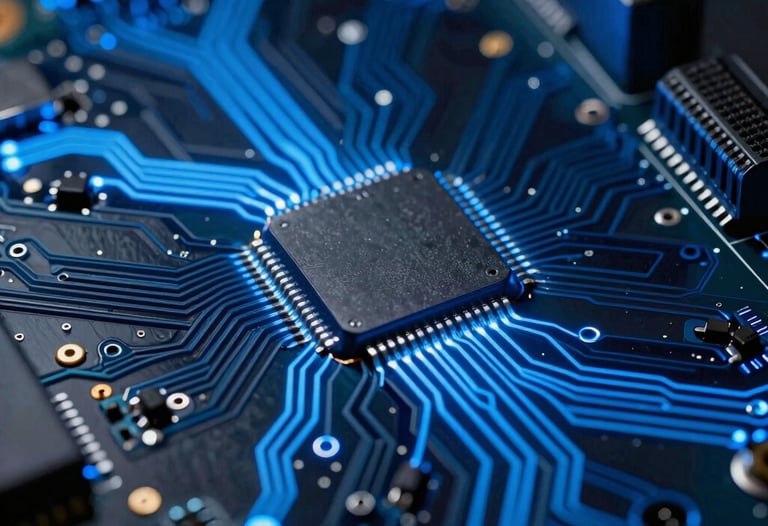 Macro photography of a modern circuit board with glowing blue pathways. Deep shadows and metallic highlights, symbolizing complex digital architecture.