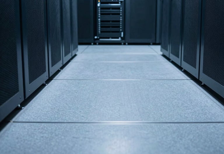 Clean, minimalist photography of a server room floor with low-angle perspective. Cool bright blue light reflecting on polished grey floors. Technical precision.