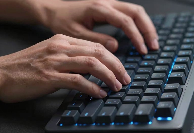 Close-up of hands typing on a modern mechanical keyboard with subtle blue backlighting in a dark, professional IT environment. Focus on precision and speed.