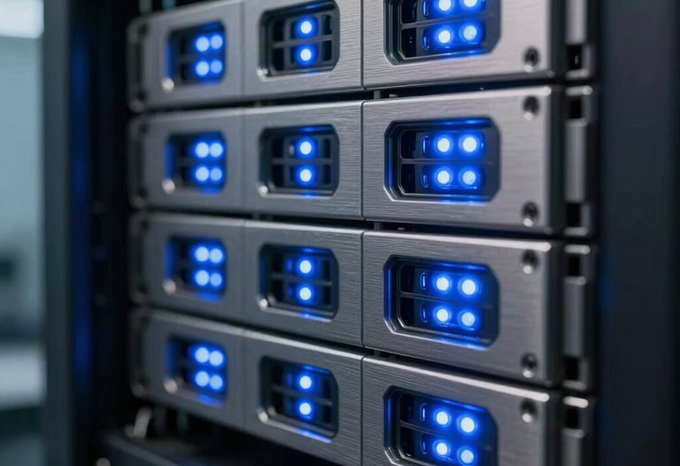 Clean and sharp macro photography of server racks in a data center, glowing with soft bright blue LED indicators. Deep navy shadows and brushed steel textures. Industrial professional look.