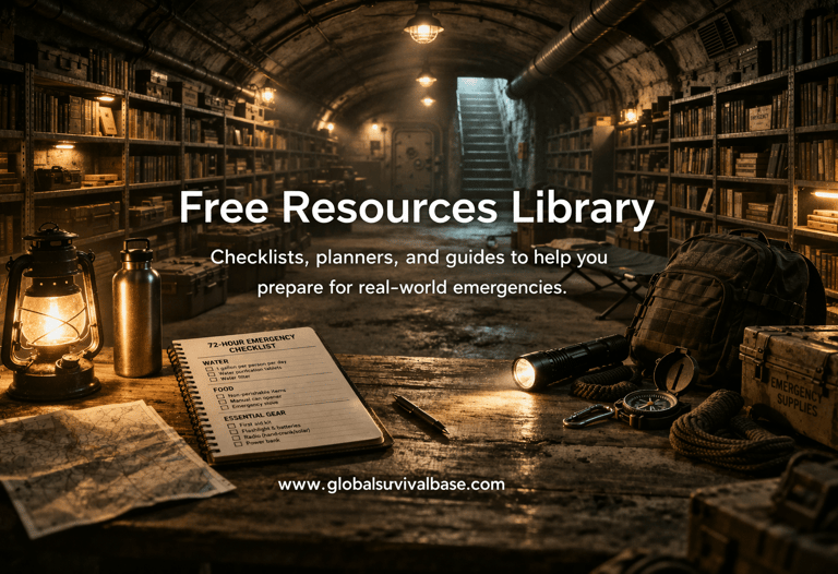 Underground survival bunker library with emergency prep checklists and survival gear for disaster planning.