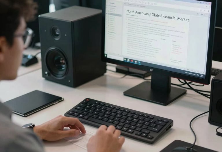 Photography of a professional workspace with a focused atmosphere, featuring modern technology and subtle financial textures. The lighting is crisp, emphasizing speed and efficiency. North American / Global Financial Market.