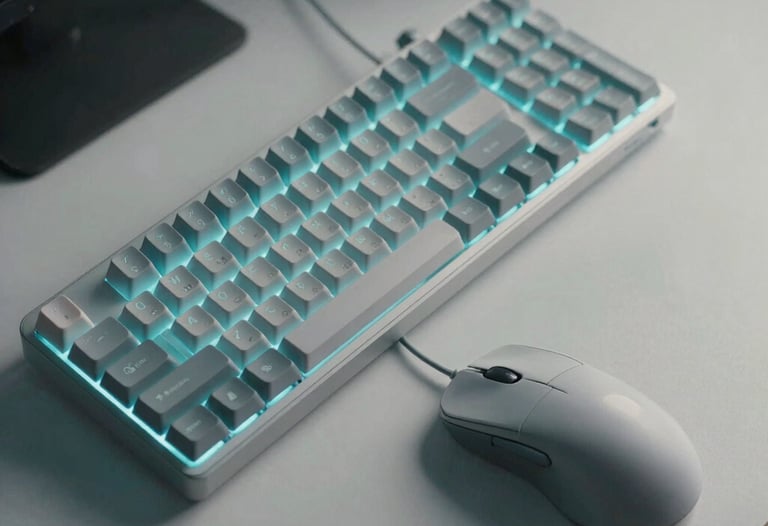 A high-resolution photograph of a trader's desk featuring a minimalist mechanical keyboard and a high-performance mouse. A soft cyan glow illuminates the scene. North American / Global Financial Market.