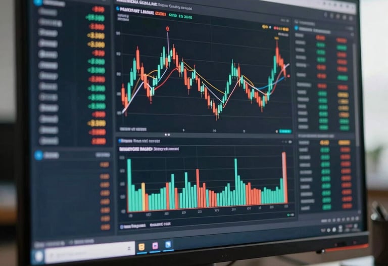 Macro photography of a sleek computer monitor displaying a clean, dark-themed financial dashboard with glowing data points. North American / Global Financial Market.
