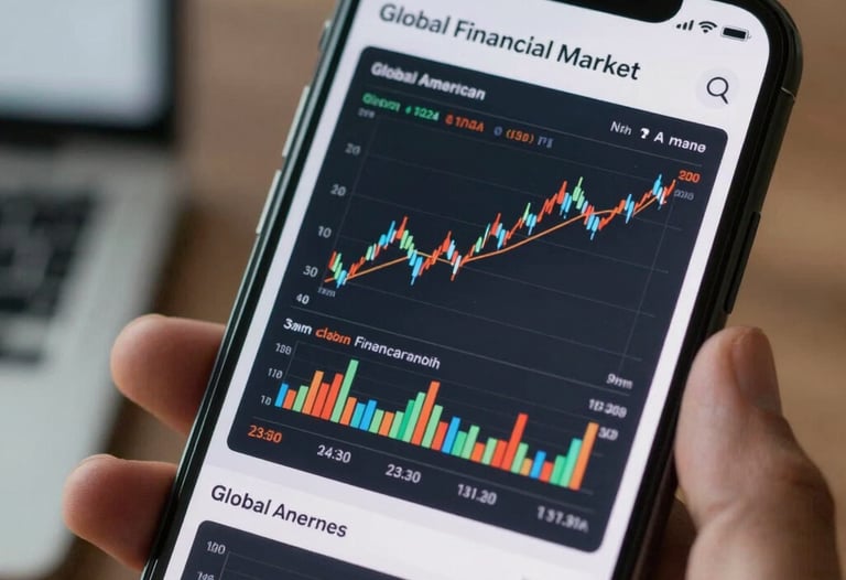 A close-up shot of a smartphone displaying a sleek trading application with high-contrast charts. The device is held in a professional office setting. North American / Global Financial Market.
