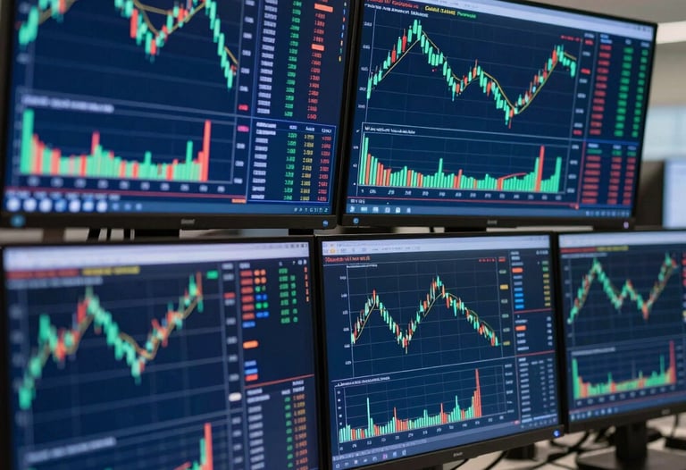 A professional close-up photograph of a multi-monitor trading setup in a sleek office. The screens display dense financial data and vibrant green candlestick charts against a deep blue interface. North American / Global Financial Market.