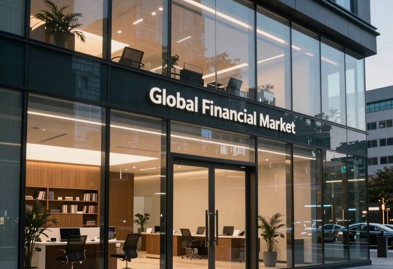 An elegant shot of a modern office interior with glass walls and professional decor, reflecting a high-tier financial environment at dusk. North American / Global Financial Market.