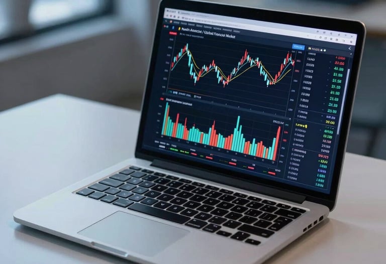 A sharp, detailed photo of a high-end laptop on a minimalist desk, showing an interactive stock chart with multiple technical indicators. The room is softly lit with professional blue tones. North American / Global Financial Market.