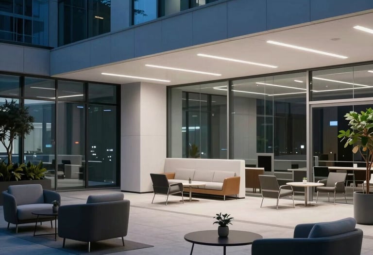 A minimalist photograph of a high-rise office lounge at night, with clean lines and sophisticated furniture under a soft blue glow. North American / Global Financial Market.