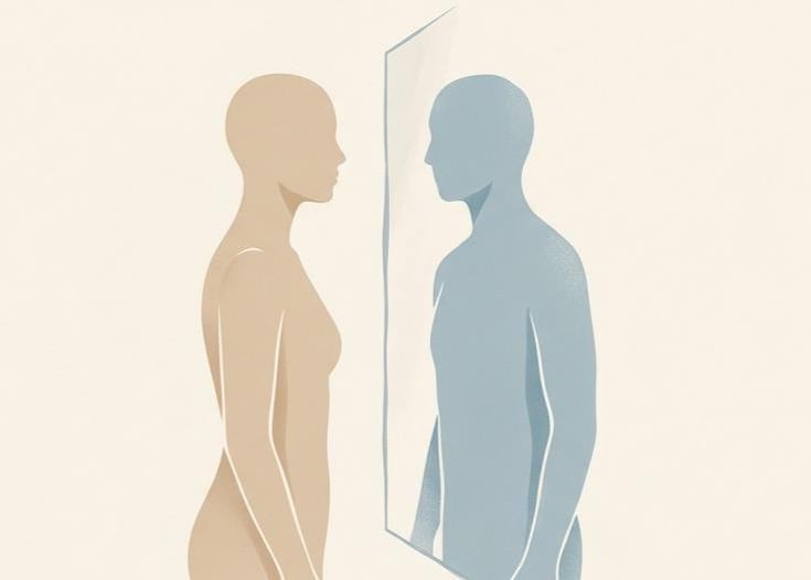 Minimal illustration of a human figure facing a distorted reflection, representing self-perception and identity