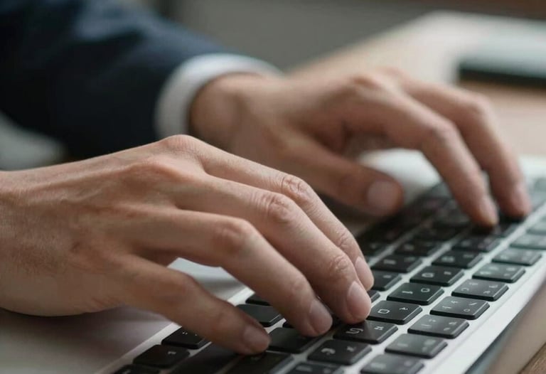 Close-up of a writer's hands typing on a modern keyboard, focusing on the tactile quality and movement. Ambient light in a modern office in Vietnam, shallow depth of field, professional and focused mood.