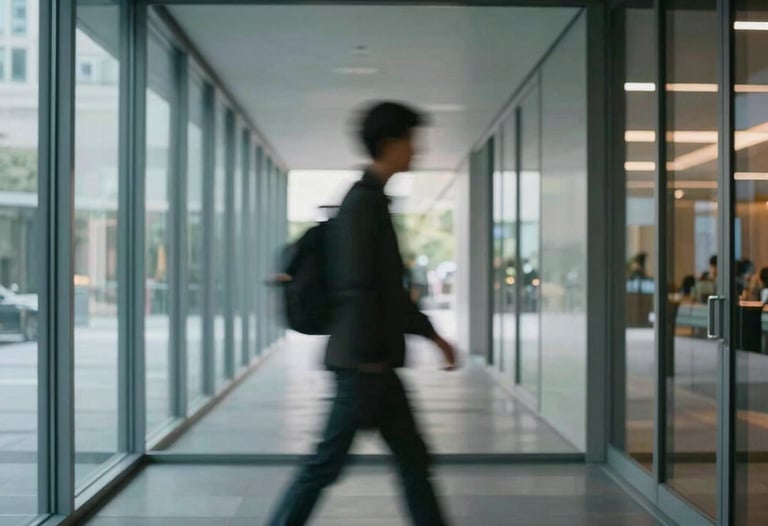 An abstract, artistic blur of a person walking through a modern glass-walled corridor, reflecting the fast-paced nature of digital communication.