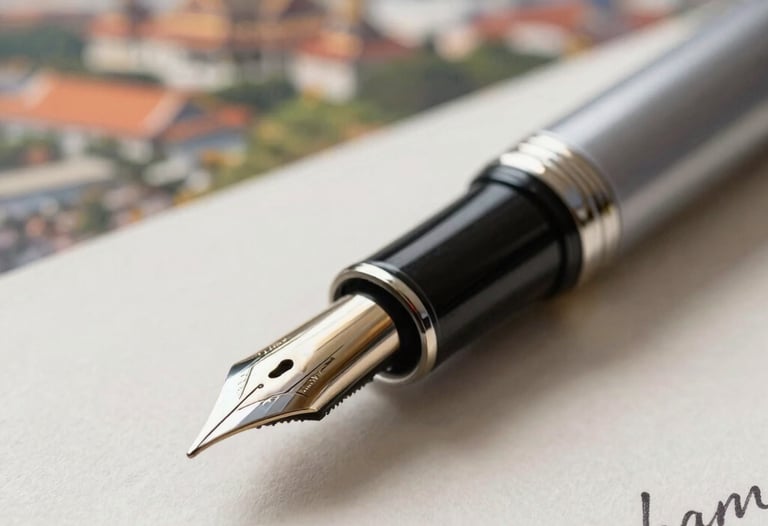 Detailed shot of a professional fountain pen resting on a handwritten manuscript. The paper has a textured, premium quality. Soft focus on the background showing a blurred Southeast Asian city view.