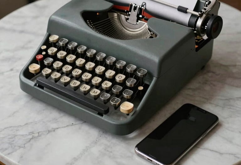 Minimalist setup of an old typewriter alongside a modern smartphone on a marble table. Symbolizing the evolution of storytelling from traditional to digital.