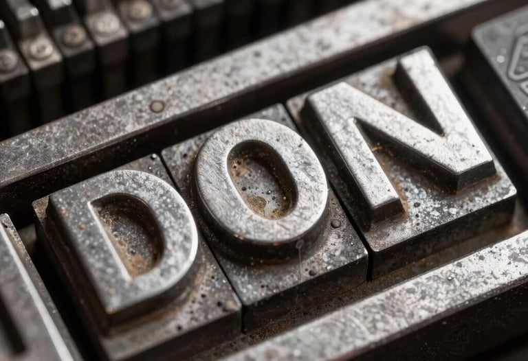 A macro shot of lead type blocks from a vintage printing press, arranged to spell out a word. The metal has a beautiful patina. Lighting is dramatic and focused, highlighting textures.