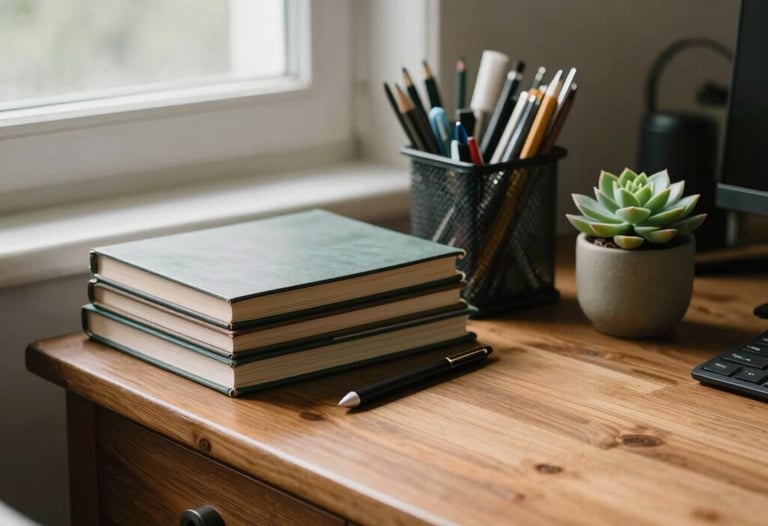A vintage wooden desk with a stack of neatly arranged stationery and a small succulent plant. Natural light streams in from a side window.