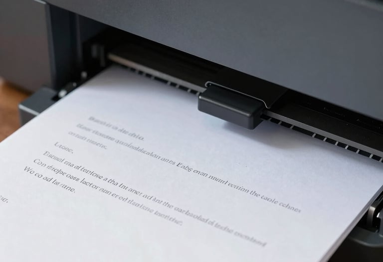 Close-up of a high-quality printer producing a clean, crisp document. The focus is on the ink and the sharp letters forming on the paper.