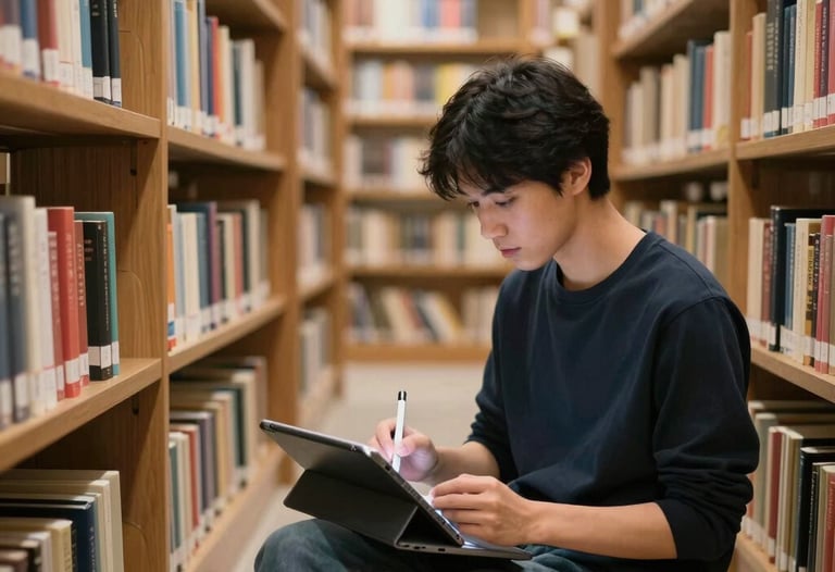 A person sitting in a quiet, modern library in Vietnam, surrounded by books, working on a tablet with a stylus. The atmosphere is academic yet contemporary.