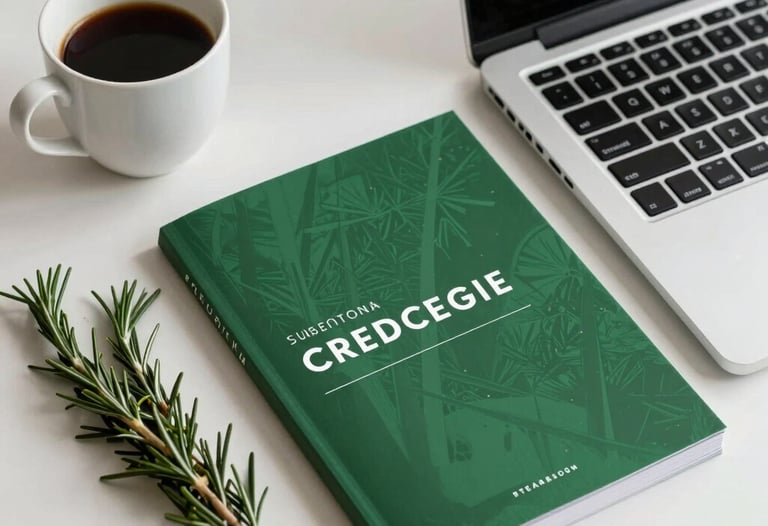 A designer's workspace featuring a coffee cup, a sprig of rosemary, and a laptop with a forest green brand guidelines document. European / Iberian studio.