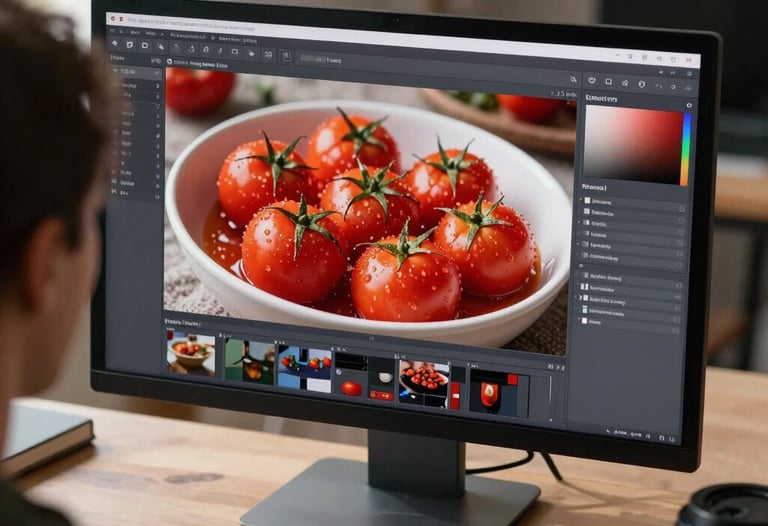 Over-the-shoulder shot of a digital marketer editing food photography on a large monitor in a sunlit European studio. The image on screen is a bright Deep Crimson Red tomato dish.