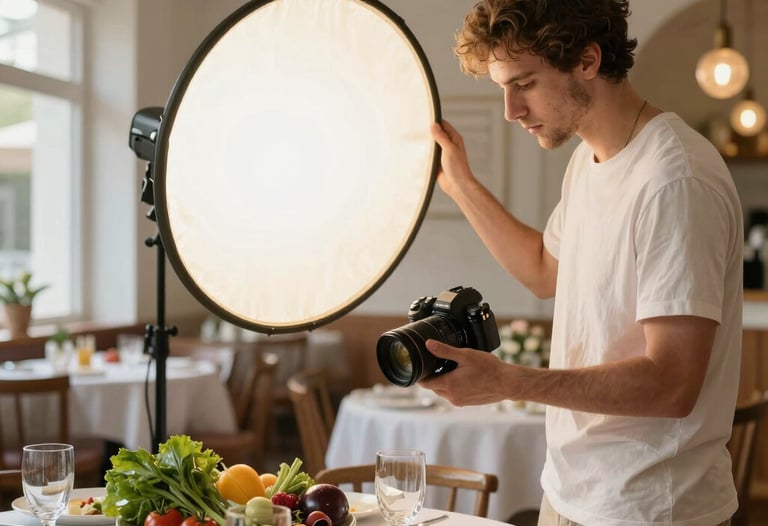 Professional photo session in a bright restaurant. A photographer is adjusting a reflector next to a table with fresh Mediterranean ingredients. Warm, bone white aesthetic.