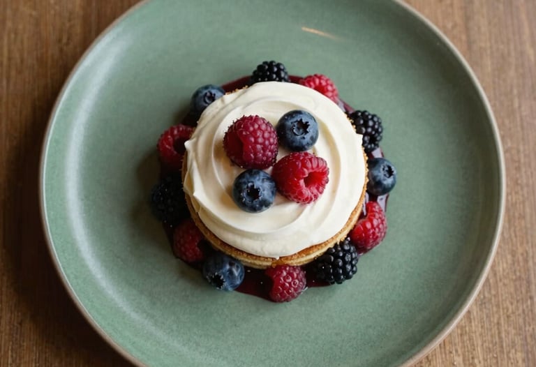 Top-down view of a stylishly plated artisanal dessert with fresh berries and cream, set on a Matte Forest Green ceramic plate. Soft, warm natural lighting, European / Iberian cafe setting.