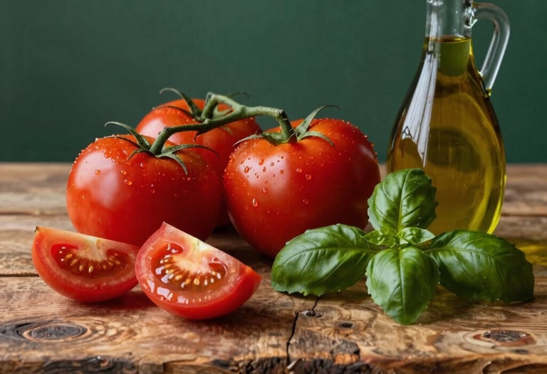 A rustic wooden table with fresh tomatoes, basil, and olive oil. Professional photography lighting, Deep Crimson Red and Matte Forest Green background elements. European / Iberian feel.